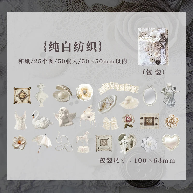 A collection of 50 metal-embossed decorative washi stickers featuring floral and natural elements for journaling.