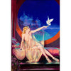 A painting of a woman with blonde hair in a flowing gown reaching for a white bird against a deep blue background.