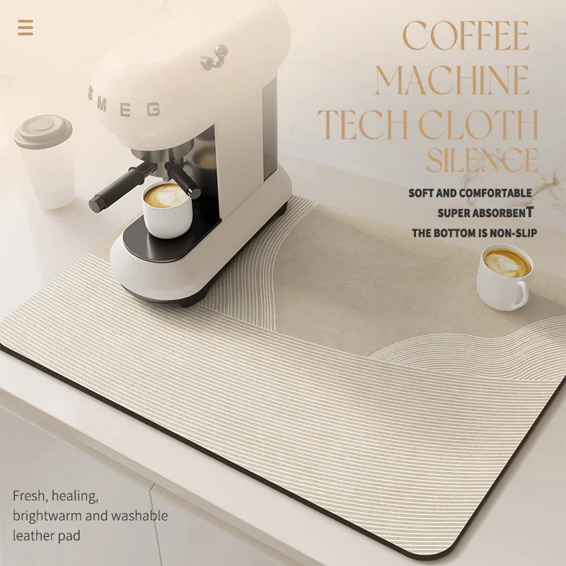 A white coffee machine is shown on a beige silicone mat with text describing its features.