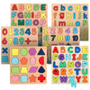 Wooden alphabet and number puzzle featuring letters, numbers, and geometric shapes for toddlers