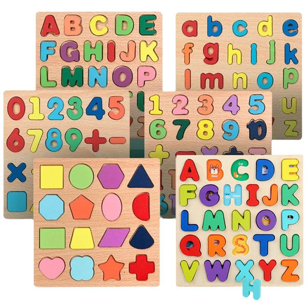 Wooden Alphabet & Number Puzzle with Geometric Shapes for Toddlers