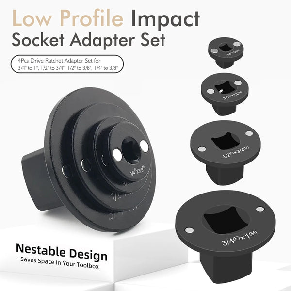 Set aus vier flachen Impact-Steckadaptern für verschiedene Größen, gezeigt mit einem Hauptadapter und Einzelteilen.