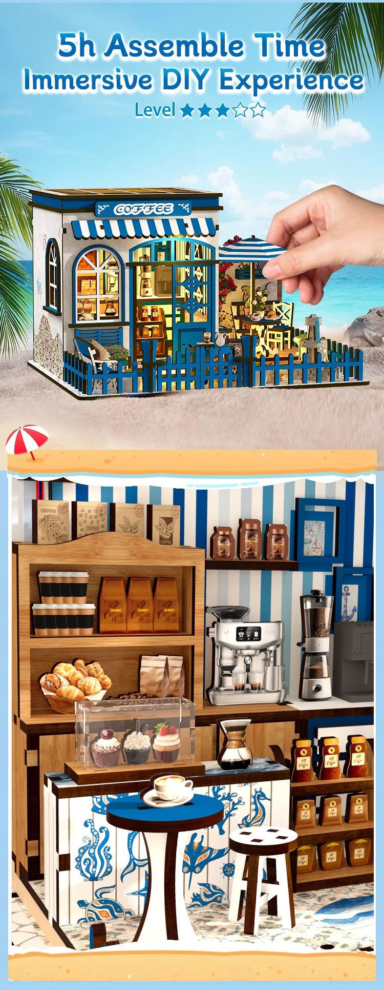 A wooden dollhouse miniature assembly kit featuring a detailed cafe facade and interior elements.