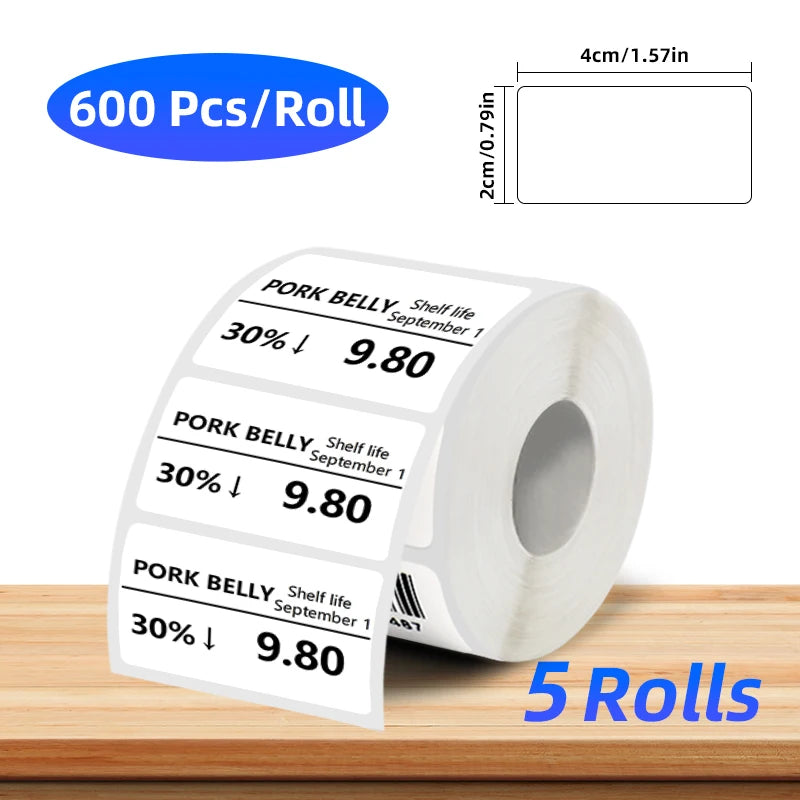 Roll of thermal label paper showing three sizes with 30% discount and a shelf life date