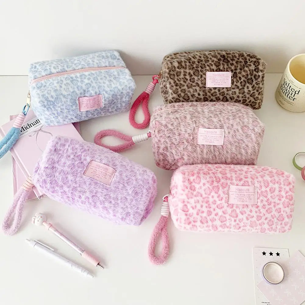 Leopard Print Plush Makeup Bag with Carry Handle