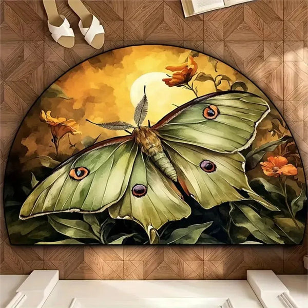 A half-round doormat featuring a whimsical boho dragonfly design in shades of green, yellow, and brown.