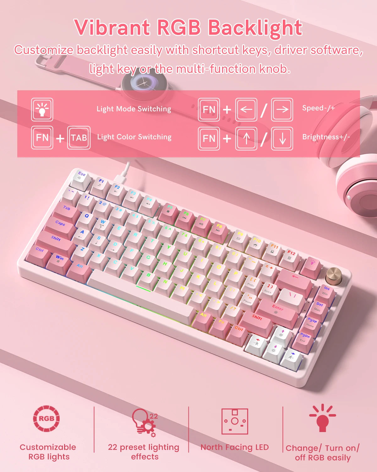 VK75 Wired Mechanical Gaming Keyboard with Hot-Swap Switches and Control Knob