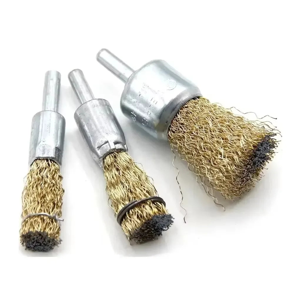 A set of steel wire brush wheels with metal cups and natural bristle heads for rust removal and polishing.