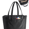 Black structured laptop tote bag with convertible straps and a separate pouch shown next to the main bag.