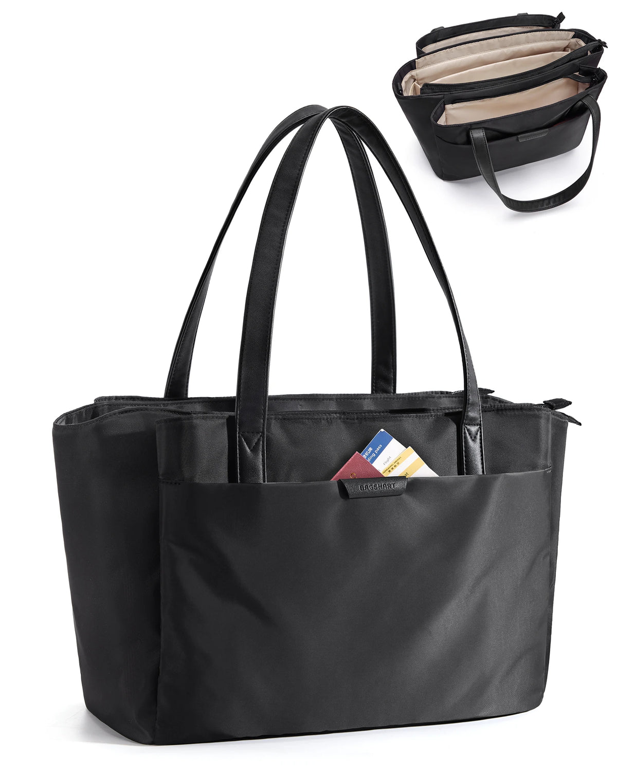 Black structured laptop tote bag with convertible straps and a separate pouch shown next to the main bag.