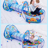 A family is playing in a colorful ball pit play tent and crawl tunnel designed for kids.