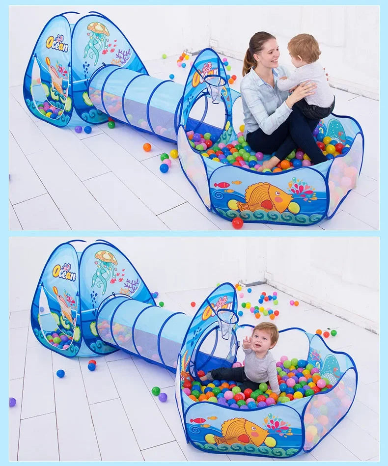 A family is playing in a colorful ball pit play tent and crawl tunnel designed for kids.