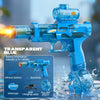 A transparent blue automatic electric water gun with an LED light firing a stream of water.