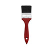 A red paint brush with a black bristles and a plastic handle.