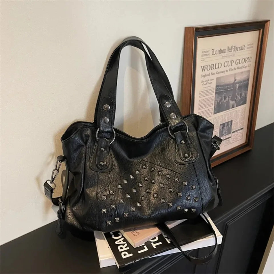 Rivet Punk Large Capacity Tote Bag with Adjustable Crossbody Strap