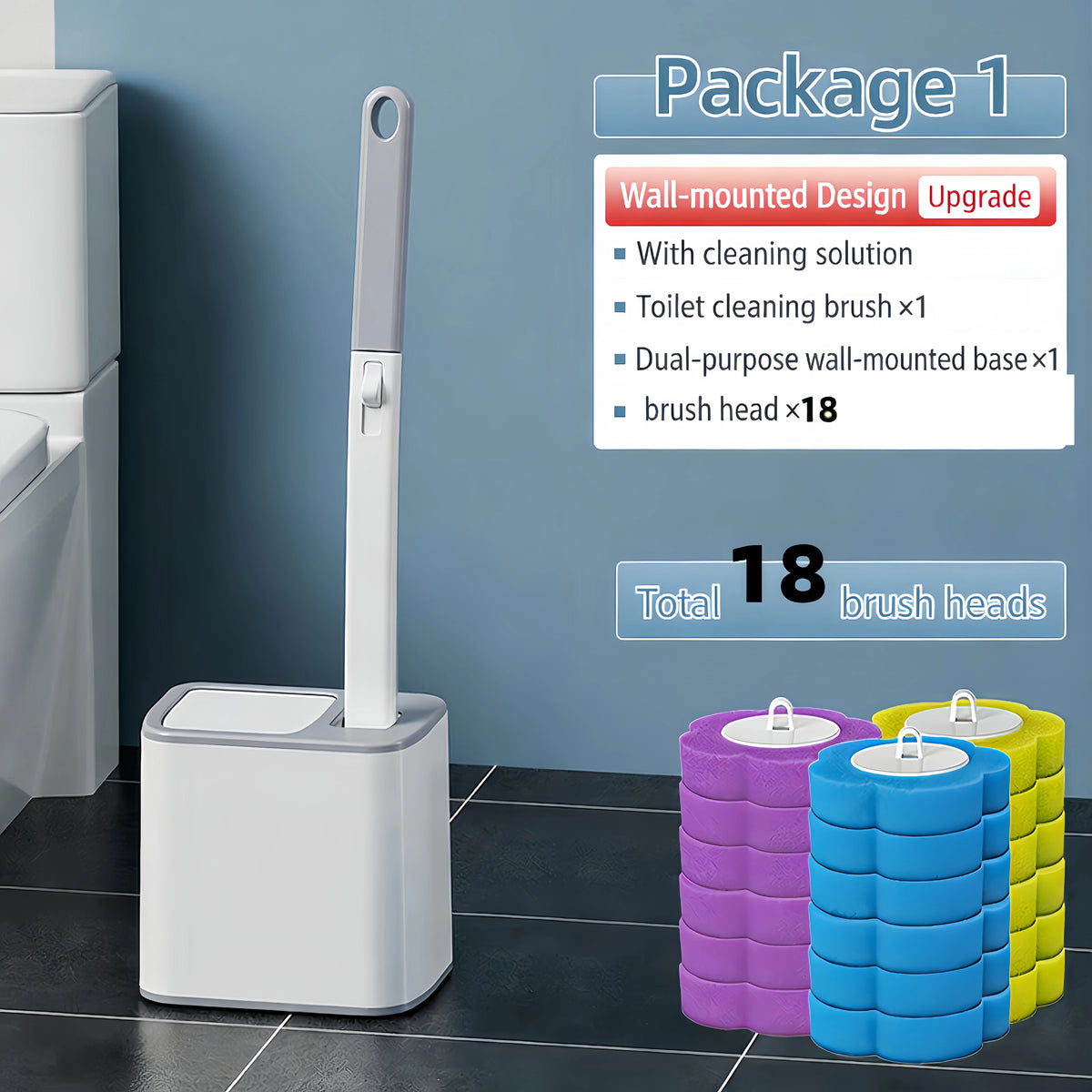 Disposable Toilet Brush Set with Wall-Mounted Holder and Refill Heads