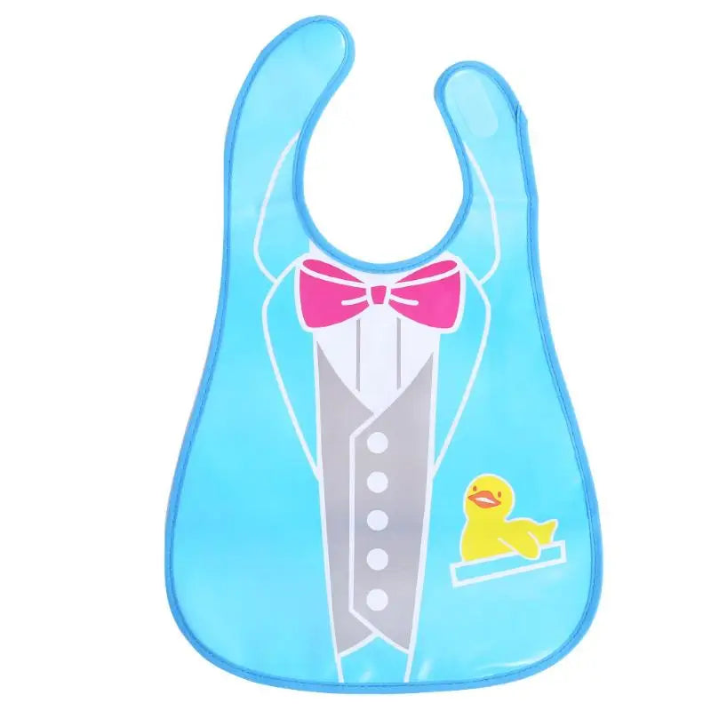 A light blue wipeable baby bib with a pink bow and a catch-all pocket for weaning toddlers.