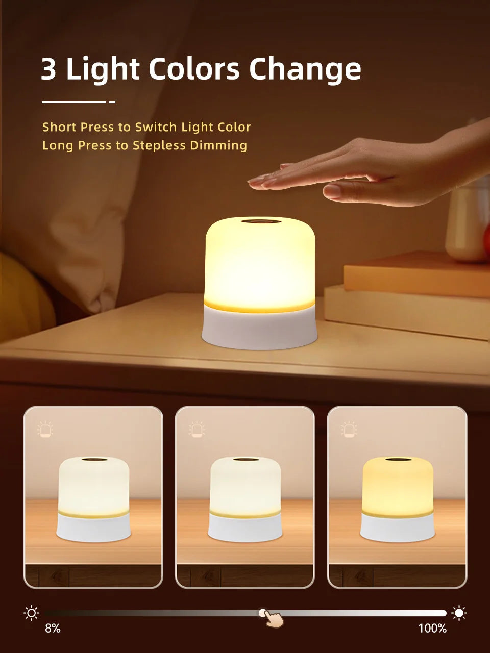 A white rechargeable night light is shown with three different light colors, demonstrating short press for switching and long