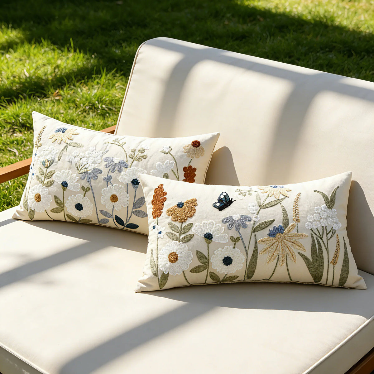 Three floral embroidered throw pillow covers featuring spring garden designs on a beige outdoor sofa.