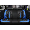 Black and blue universal waterproof PU leather car seat covers installed in a vehicle interior.