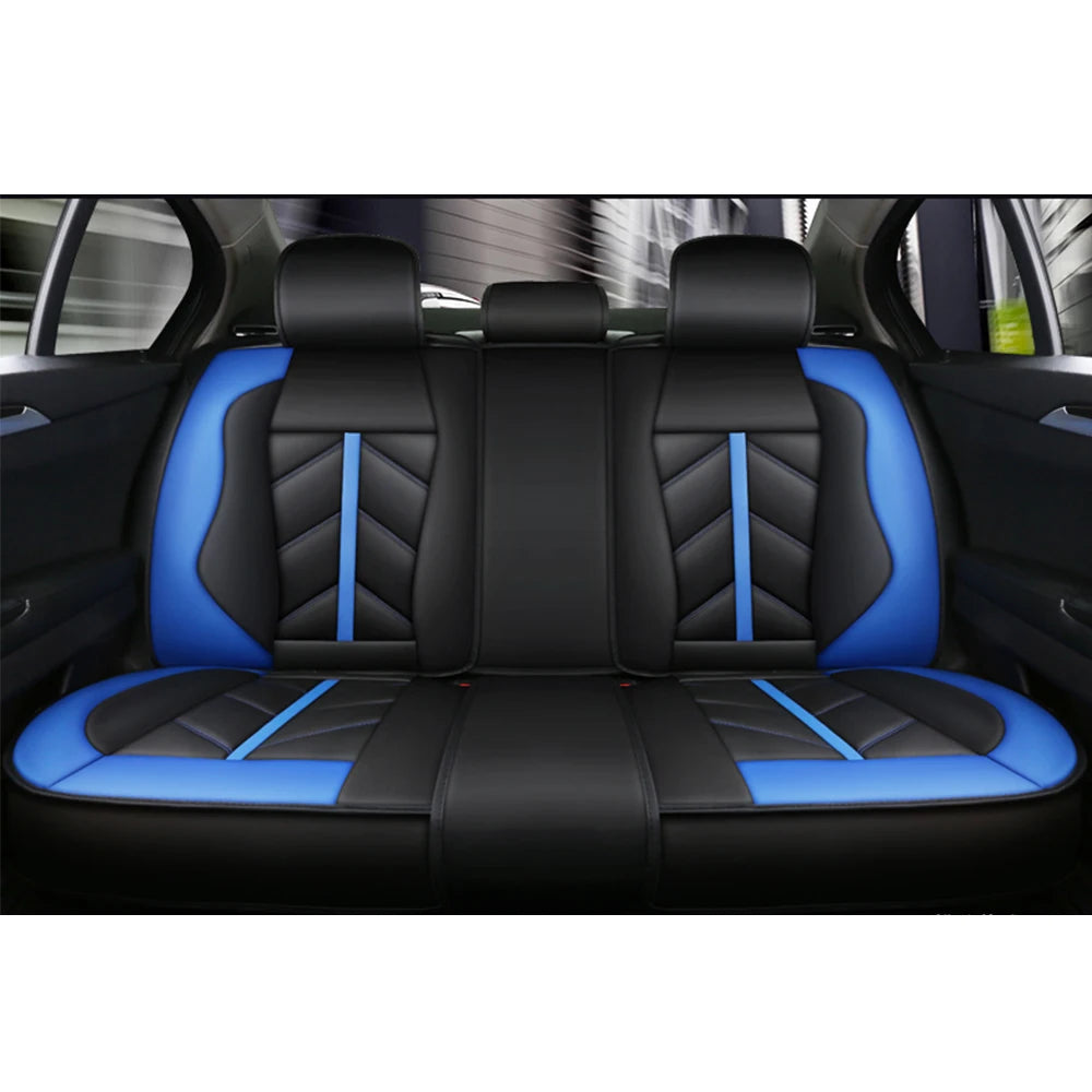 Black and blue universal waterproof PU leather car seat covers installed in a vehicle interior.
