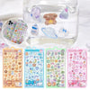 A collection of 3D jelly stickers featuring cute cartoon animals and a ghost rabbit displayed in a clear glass container.