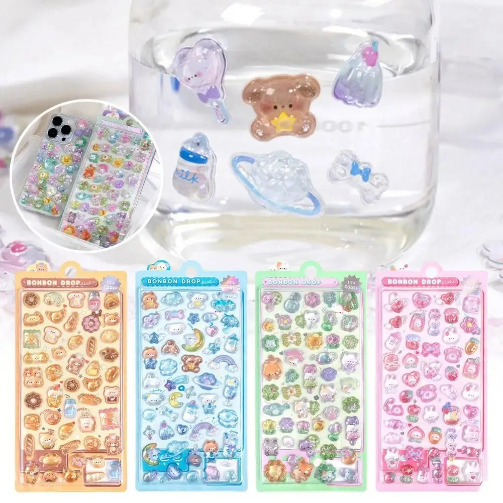 A collection of 3D jelly stickers featuring cute cartoon animals and a ghost rabbit displayed in a clear glass container.