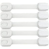 White child safety cabinet lock with flexible strap featuring multiple adjustable straps.
