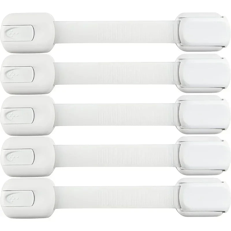 White child safety cabinet lock with flexible strap featuring multiple adjustable straps.
