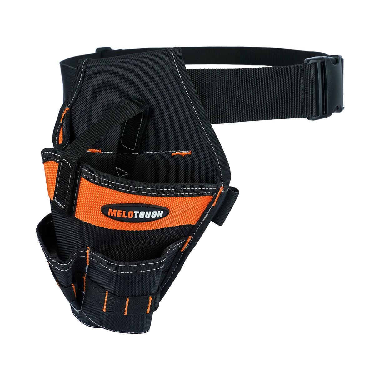 Black heavy duty drill holster waist tool bag with orange accents and magnetic screw holder