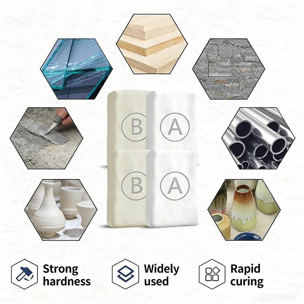 A set of white epoxy repair putty samples demonstrating strong hardness, wide usability, and rapid curing.