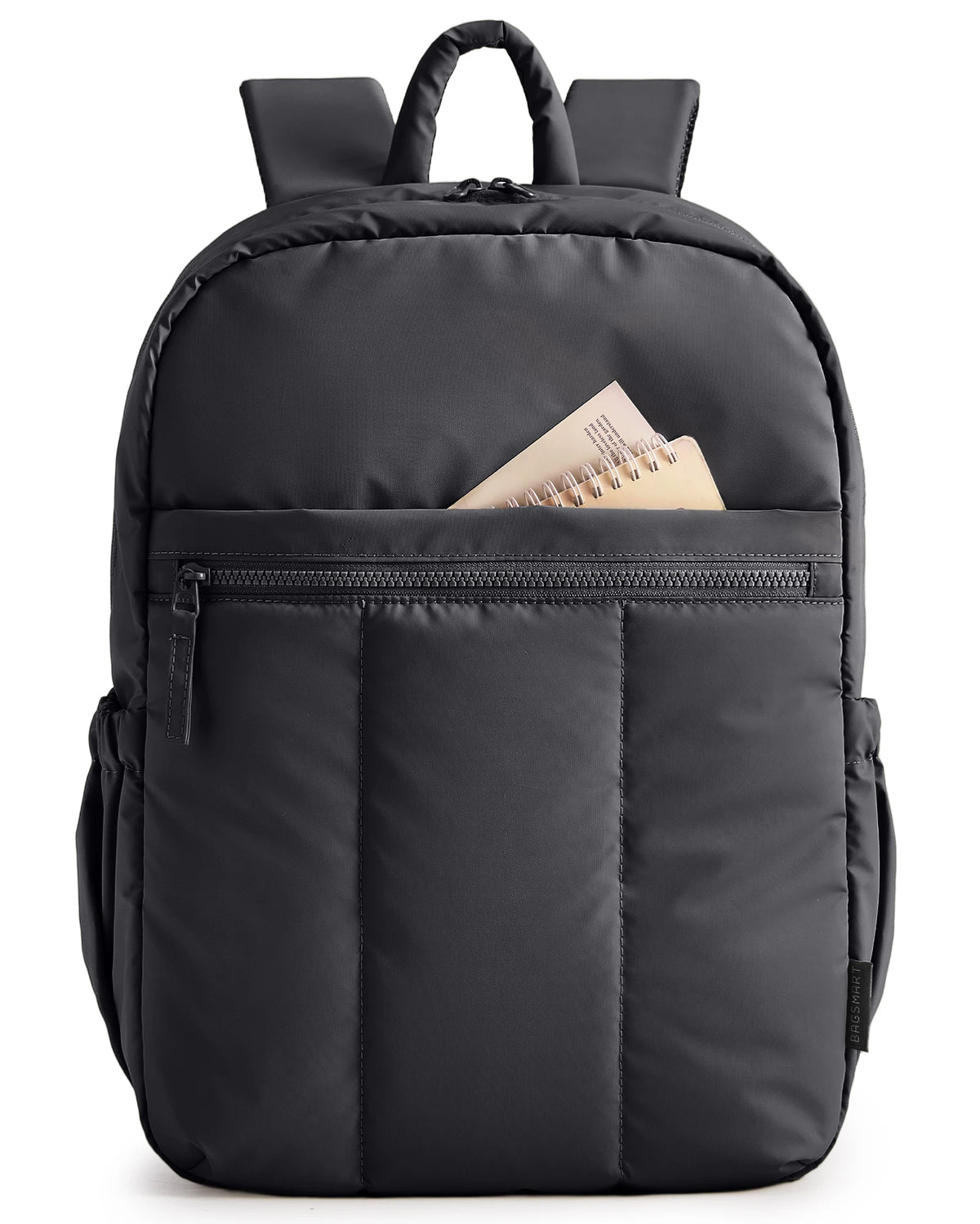 A black laptop backpack with padded straps and a front pocket, shown from the back.