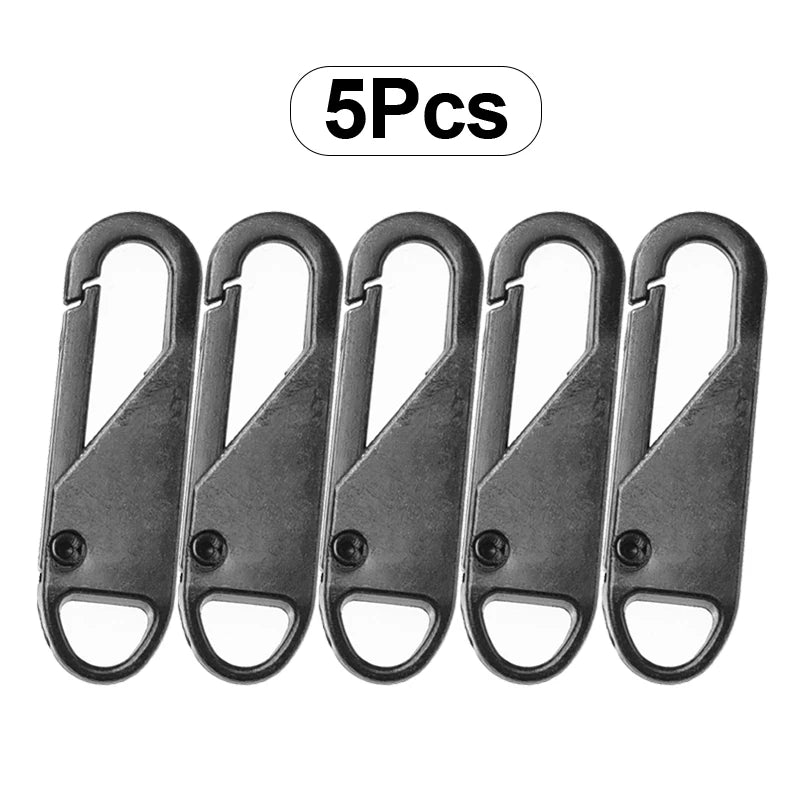Five metal zipper slider repair kits are shown, packaged as a 5-piece set.