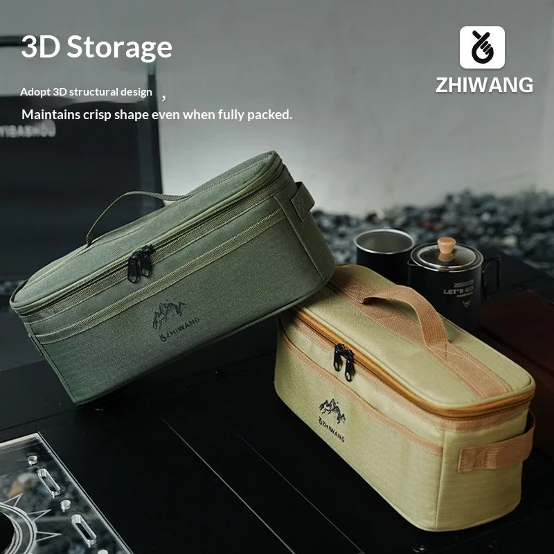 A light green portable storage bag for camping tableware, shown lying on a dark surface.