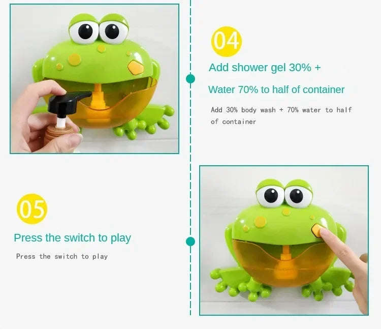 A green frog-shaped bath toy is shown with instructions for adding shower gel and water to play.