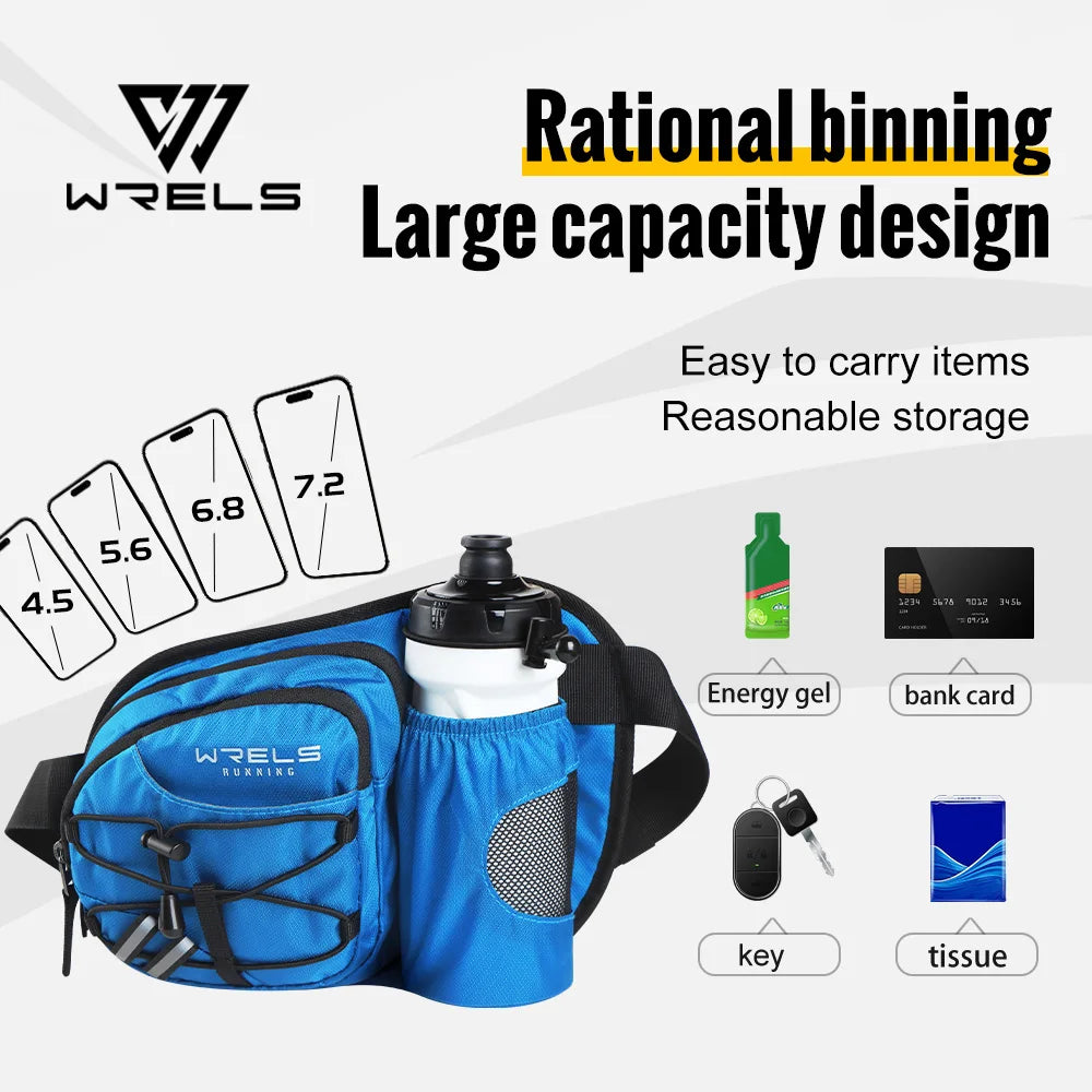 Blue Wrels sports fanny pack designed for rational binning and large capacity storage, holding various items.