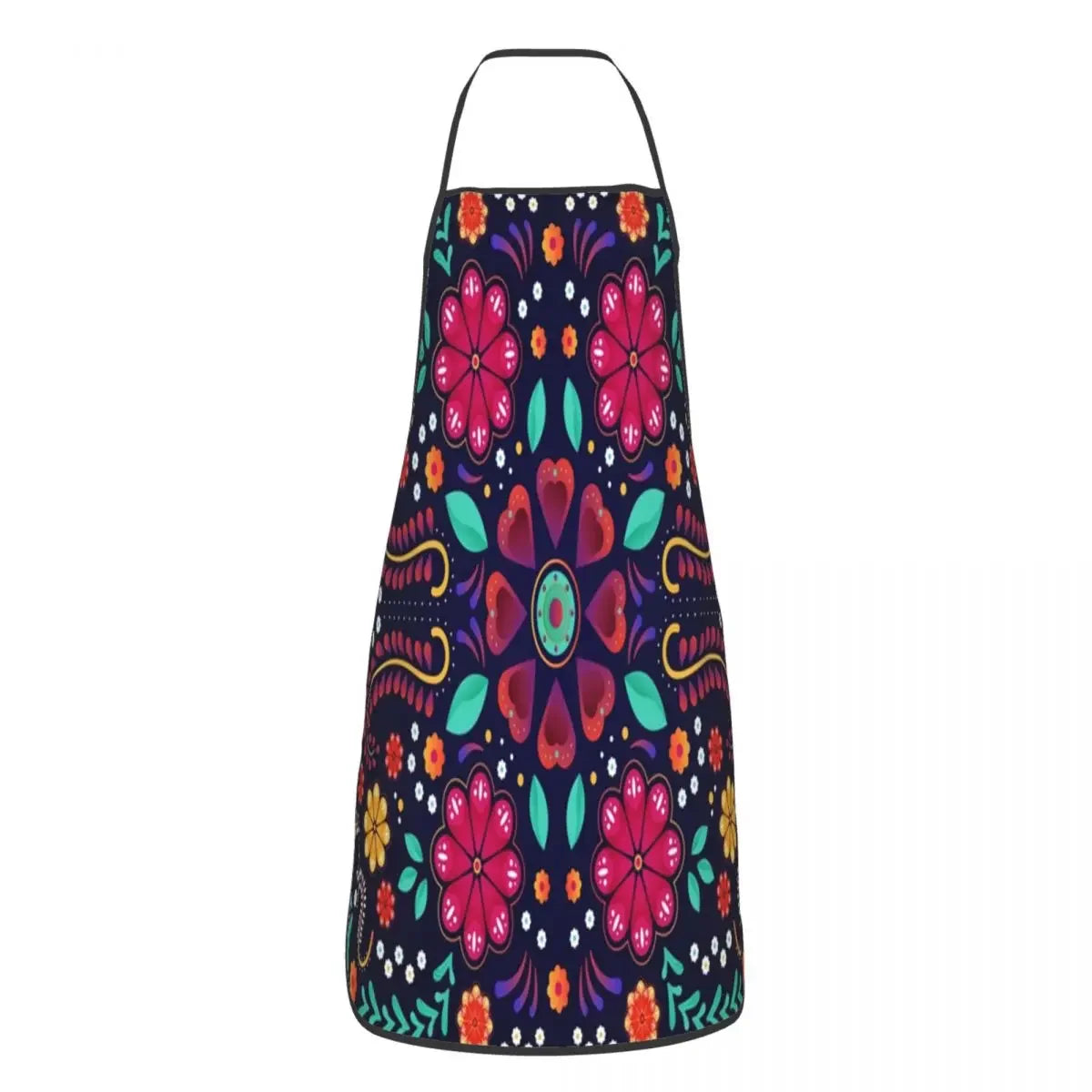 A dark blue apron with a vibrant floral pattern featuring pink, orange, and green flowers.
