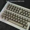 A close-up view of a profile of translucent keycaps for mechanical keyboards, showing rows of brown and clear plastic keys.