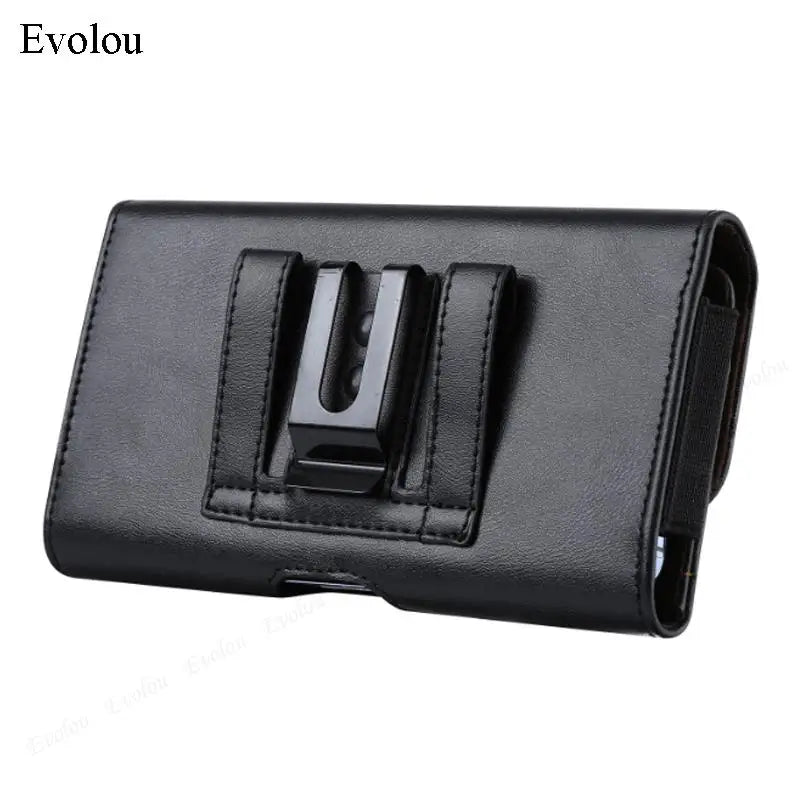 Black magnetic leather phone pouch with a belt clip holster.