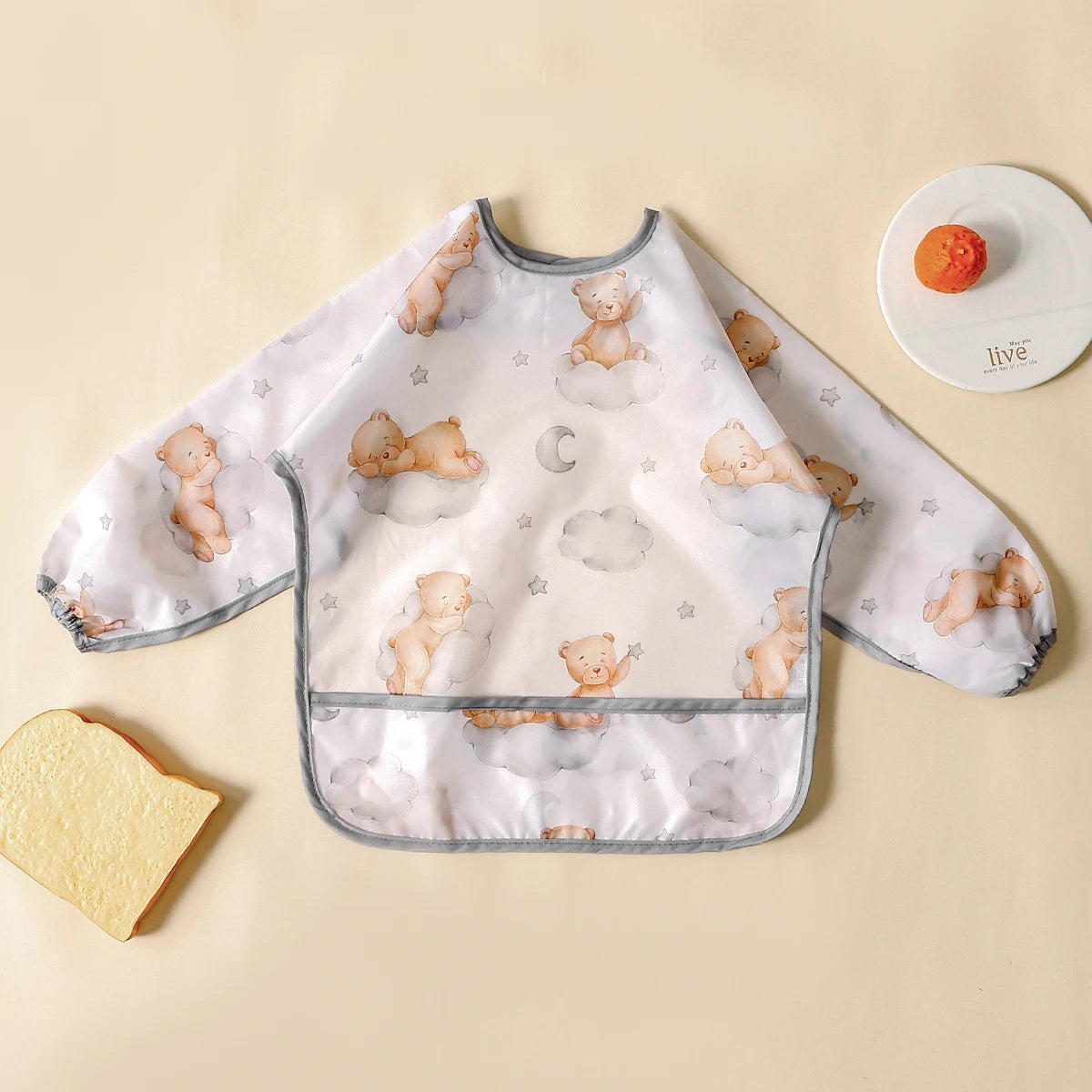 Waterproof Long-Sleeve Baby Bibs with Catch-All Pockets