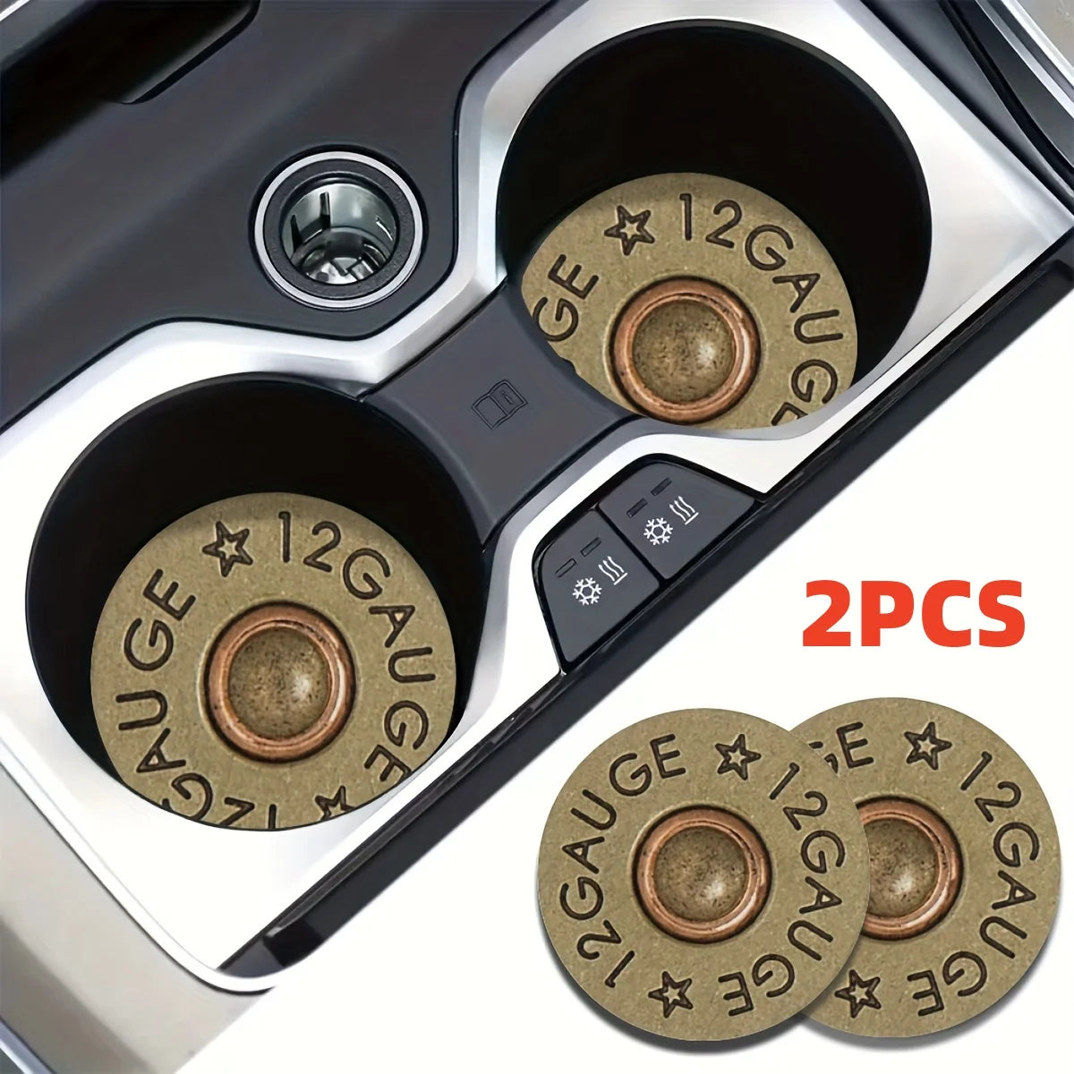 Two absorbent leather car cup holder mats with a star pattern and gauge markings are shown inside a car cup holder.