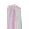 A sheer, hanging dome canopy mosquito net in shades of pink and white.