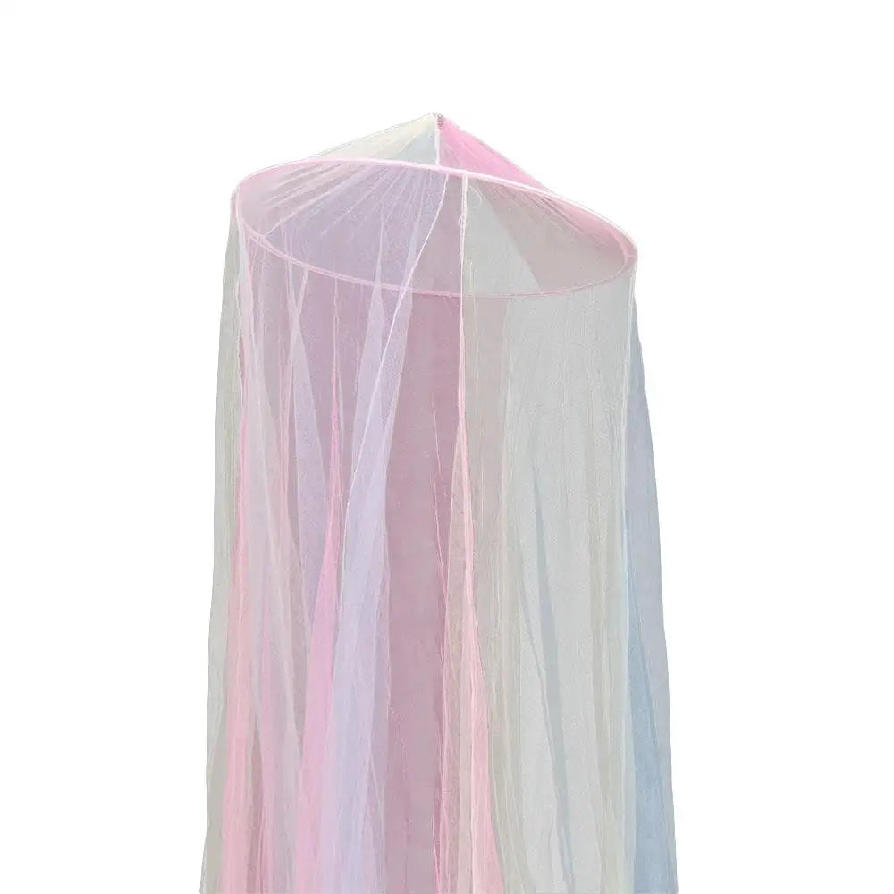 A sheer, hanging dome canopy mosquito net in shades of pink and white.
