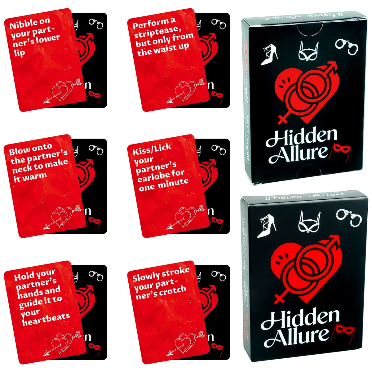 A set of red cards for a couples drinking game titled Hidden Allure featuring various suggestive prompts.