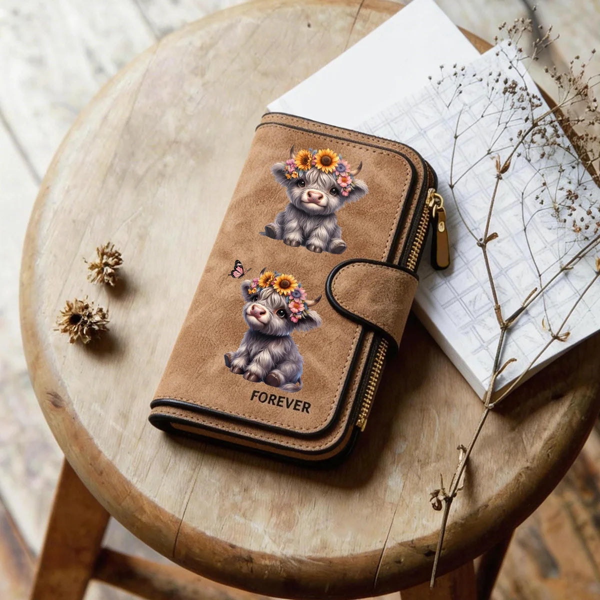 Highland Cow Print Zip-Around Wallet with Card Holder