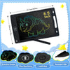 A black LCD writing tablet for kids featuring a dinosaur design, with accessories like an erase and lock key.