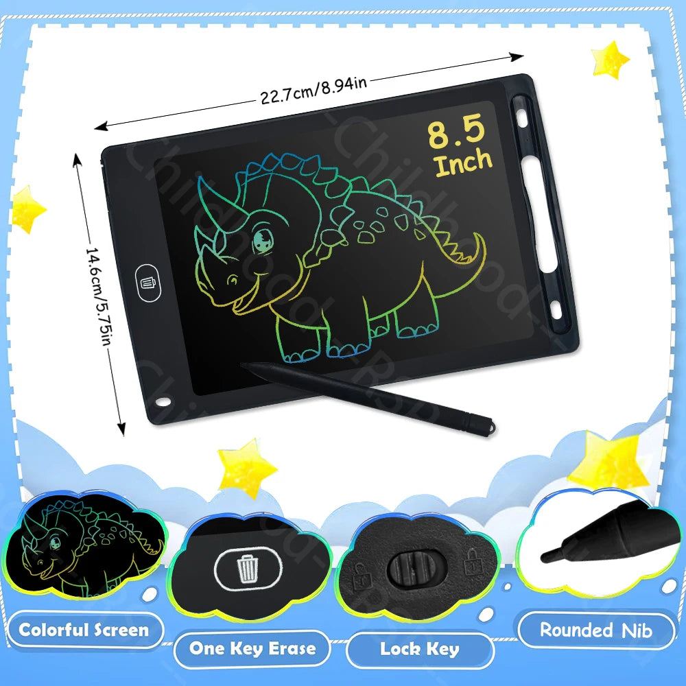 A black LCD writing tablet for kids featuring a dinosaur design, with accessories like an erase and lock key.