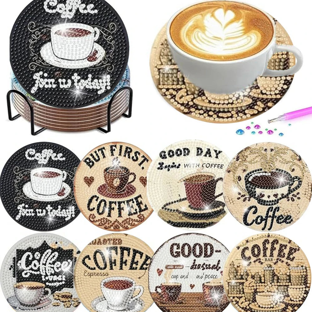 DIY Diamond Art Coaster Set with Holder – 8 Acrylic Coasters for Home Decor and Gifting