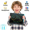 A smiling child holds a black LCD writing tablet with a dinosaur drawing on it and a stylus pen.