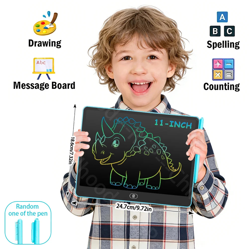 A smiling child holds a black LCD writing tablet with a dinosaur drawing on it and a stylus pen.